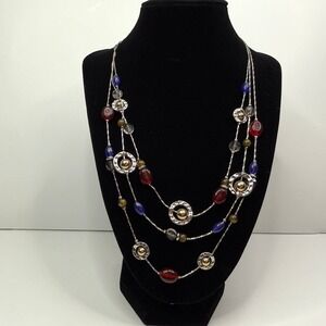 Three Strand Layered Necklace Red Blue Glass Beads Silvertone Accents Jewelry
